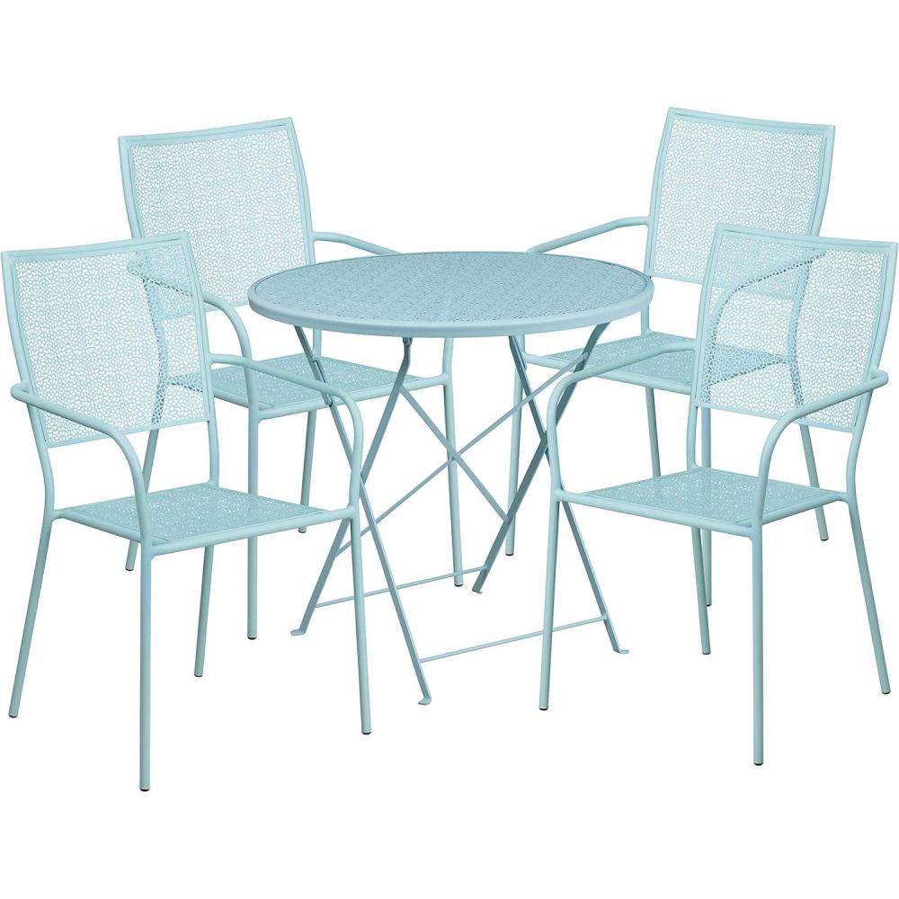 image:imageFlash Furniture Oia Commercial Grade 30 Round Black IndoorOutdoor Steel Folding Patio Table Set with 4 Square Back ChairsSky Blue