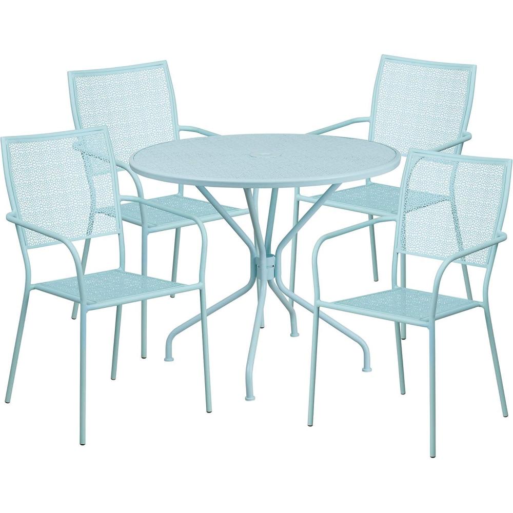 image:imageFlash Furniture Oia Commercial Grade 3525 Round Sky Blue IndoorOutdoor Steel Patio Table Set with 4 Square Back ChairsSky Blue