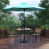 Flash Furniture 5 Piece Outdoor Patio Dining Table Set – 2 Synthetic Teak Stackable Chairs with Arms – 35″ Square Table – Gray Umbrella with Base(Teal)
