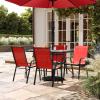 Flash Furniture Brazos Commercial Outdoor Dining Set, 47″ Tempered Glass Patio Table with Umbrella Hole, 4 Stack Chairs with Flex Comfort Seats and Backs, Navy/Black(Red)
