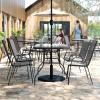 Flash Furniture Brazos Commercial Outdoor Dining Set, 47″ Tempered Glass Patio Table with Umbrella Hole, 4 Stack Chairs with Flex Comfort Seats and Backs, Navy/Black(Grey)