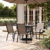 Flash Furniture Brazos Commercial Outdoor Dining Set, 47″ Tempered Glass Patio Table with Umbrella Hole, 4 Stack Chairs with Flex Comfort Seats and Backs, Navy/Black(Brown)