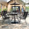 Flash Furniture Brazos Commercial Outdoor Dining Set, 47″ Tempered Glass Patio Table with Umbrella Hole, 4 Stack Chairs with Flex Comfort Seats and Backs, Navy/Black(Black)