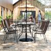 Flash Furniture Brazos Commercial Outdoor Dining Set, 47″ Tempered Glass Patio Table with Umbrella Hole, 4 Stack Chairs with Flex Comfort Seats and Backs, Navy/Black(Brown)