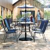 Flash Furniture Brazos Commercial Outdoor Dining Set, 47″ Tempered Glass Patio Table with Umbrella Hole, 4 Stack Chairs with Flex Comfort Seats and Backs, Navy/Black(Navy)