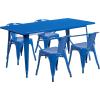 Flash Furniture Commercial Grade 31.5″ x 63″ Rectangular Black Metal Indoor-Outdoor Table Set with 4 Arm Chairs(Blue)
