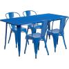 Flash Furniture Commercial Grade 31.5″ x 63″ Rectangular Silver Metal Indoor-Outdoor Table Set with 4 Stack Chairs(Blue)