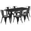 Flash Furniture Commercial Grade 31.5″ x 63″ Rectangular White Metal Indoor-Outdoor Table Set with 6 Stack Chairs(Black)