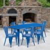 Flash Furniture Commercial Grade 31.5″ x 63″ Rectangular White Metal Indoor-Outdoor Table Set with 6 Stack Chairs(Blue)