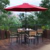Flash Furniture Lark 7 Piece Outdoor Patio Dining Table Set – 4 Synthetic Teak Stackable Chairs with Arms – 35″ Square Table – Tan Umbrella with Base(Red)