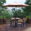 Flash Furniture Lark 7 Piece Outdoor Patio Dining Table Set – 4 Synthetic Teak Stackable Chairs with Arms – 35″ Square Table – Tan Umbrella with Base(Tan)