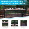 Flash Furniture Lark 7 Piece Patio Table Set – 4 Synthetic Stackable Faux Teak Chairs – 30″ x 48″ Faux Teak Table – Red Umbrella with Base(Red)