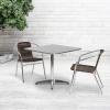 Flash Furniture Lila 31.5” Square Aluminum Indoor-Outdoor Table Set with 2 Black Rattan Chairs(Dark Brown)