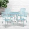 Flash Furniture Oia Commercial Grade 30″ Round Black Indoor-Outdoor Steel Folding Patio Table Set with 4 Square Back Chairs(Sky Blue)