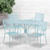 Flash Furniture Oia Commercial Grade 35.25″ Round Sky Blue Indoor-Outdoor Steel Patio Table Set with 4 Square Back Chairs(Sky Blue)