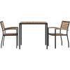 Flash Furniture 3 Piece Outdoor Dining Table Set – Synthetic Teak Poly Slats – 35″ Square Steel Framed Table with Umbrella Holder Hole – 2 Stackable Club Chairs