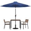Flash Furniture 5 Piece Outdoor Patio Dining Table Set – 2 Synthetic Teak Stackable Chairs with Arms – 35″ Square Table – Gray Umbrella with Base(Navy)