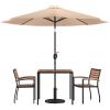 Flash Furniture 5 Piece Outdoor Patio Dining Table Set – 2 Synthetic Teak Stackable Chairs with Arms – 35″ Square Table – Gray Umbrella with Base(Tan)