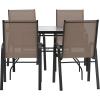 Flash Furniture Brazos Commercial Outdoor Dining Set, 47″ Tempered Glass Patio Table with Umbrella Hole, 4 Stack Chairs with Flex Comfort Seats and Backs, Navy/Black(Brown)