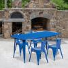 Flash Furniture Commercial Grade 31.5″ x 63″ Rectangular Black Metal Indoor-Outdoor Table Set with 4 Arm Chairs(Blue)