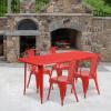 Flash Furniture Commercial Grade 31.5″ x 63″ Rectangular Silver Metal Indoor-Outdoor Table Set with 4 Stack Chairs(Red)