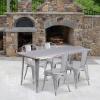 Flash Furniture Commercial Grade 31.5″ x 63″ Rectangular Silver Metal Indoor-Outdoor Table Set with 4 Stack Chairs(Silver)