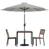 Flash Furniture Lark 5 Piece Patio Table Set – 2 Synthetic Stackable Faux Teak Chairs – 35″ Square Faux Teak Table – Tan Umbrella with Base(Grey)
