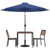 Flash Furniture Lark 5 Piece Patio Table Set – 2 Synthetic Stackable Faux Teak Chairs – 35″ Square Faux Teak Table – Tan Umbrella with Base(Navy)