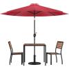 Flash Furniture Lark 5 Piece Patio Table Set – 2 Synthetic Stackable Faux Teak Chairs – 35″ Square Faux Teak Table – Tan Umbrella with Base(Red)