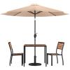 Flash Furniture Lark 5 Piece Patio Table Set – 2 Synthetic Stackable Faux Teak Chairs – 35″ Square Faux Teak Table – Tan Umbrella with Base(Tan)