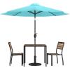 Flash Furniture Lark 5 Piece Patio Table Set – 2 Synthetic Stackable Faux Teak Chairs – 35″ Square Faux Teak Table – Tan Umbrella with Base(Teal)