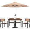 Flash Furniture Lark 7 Piece Outdoor Patio Dining Table Set – 4 Synthetic Teak Stackable Chairs with Arms – 30″ x 48″ Table – Tan Umbrella with Base(Tan)