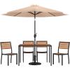 Flash Furniture Lark 7 Piece Patio Table Set – 4 Synthetic Stackable Faux Teak Chairs – 30″ x 48″ Faux Teak Table – Red Umbrella with Base(Tan)