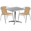Flash Furniture Lila 31.5” Square Aluminum Indoor-Outdoor Table Set with 2 Black Rattan Chairs(Beige)