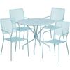 Flash Furniture Oia Commercial Grade 35.25″ Round Sky Blue Indoor-Outdoor Steel Patio Table Set with 4 Square Back Chairs(Sky Blue)
