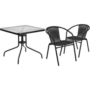 Flash Furniture 31.5″ Glass Metal Table and 2 Black Rattan Bistro Chairs Patio/Restaurant Stackable Dining Set