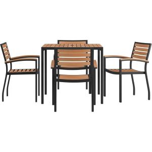 Flash Furniture 5 Piece Outdoor Dining Table Set – Synthetic Teak Poly Slats – 35″ Square Steel Framed Table with Umbrella Holder Hole – 4 Stackable Club Chairs