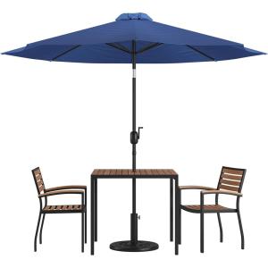 Flash Furniture 5 Piece Outdoor Patio Dining Table Set – 2 Synthetic Teak Stackable Chairs with Arms – 35″ Square Table – Gray Umbrella with Base(Navy)