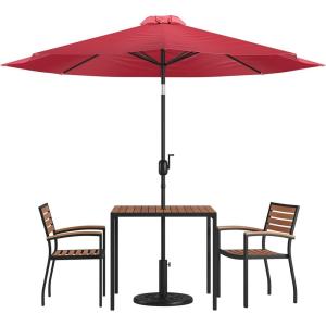 Flash Furniture 5 Piece Outdoor Patio Dining Table Set – 2 Synthetic Teak Stackable Chairs with Arms – 35″ Square Table – Gray Umbrella with Base(Red)