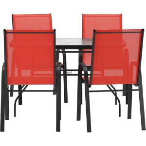 Flash Furniture Brazos Commercial Outdoor Dining Set, 47″ Tempered Glass Patio Table with Umbrella Hole, 4 Stack Chairs with Flex Comfort Seats and Backs, Navy/Black(Red)