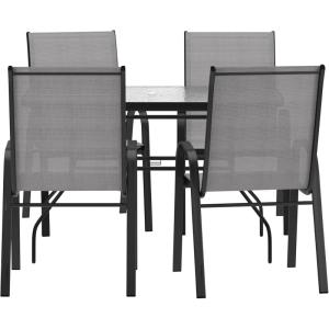 Flash Furniture Brazos Commercial Outdoor Dining Set, 47″ Tempered Glass Patio Table with Umbrella Hole, 4 Stack Chairs with Flex Comfort Seats and Backs, Navy/Black(Grey)