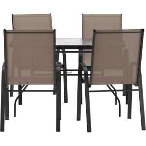 Flash Furniture Brazos Commercial Outdoor Dining Set, 47″ Tempered Glass Patio Table with Umbrella Hole, 4 Stack Chairs with Flex Comfort Seats and Backs, Navy/Black(Brown)