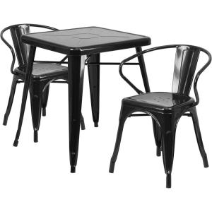 Flash Furniture Commercial Grade 23.75″ Square Black-Antique Gold Metal Indoor-Outdoor Table Set with 2 Arm Chairs(Black)