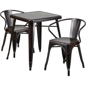 Flash Furniture Commercial Grade 23.75″ Square Black-Antique Gold Metal Indoor-Outdoor Table Set with 2 Arm Chairs(Black-antique Gold)