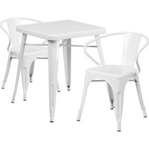 Flash Furniture Commercial Grade 23.75″ Square Black-Antique Gold Metal Indoor-Outdoor Table Set with 2 Arm Chairs(White)