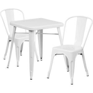 Flash Furniture Commercial Grade 23.75″ Square Black-Antique Gold Metal Indoor-Outdoor Table Set with 2 Stack Chairs(White)