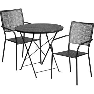 Flash Furniture Commercial Grade 30″ Round Black Indoor-Outdoor Steel Folding Patio Table Set with 2 Square Back Chairs(Black)