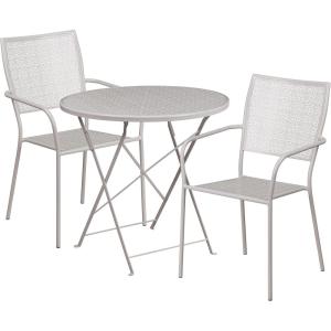 Flash Furniture Commercial Grade 30″ Round Black Indoor-Outdoor Steel Folding Patio Table Set with 2 Square Back Chairs(Light Gray)