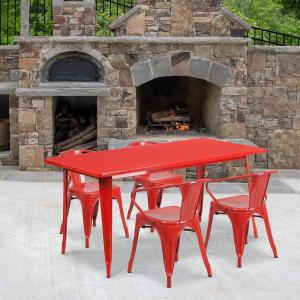 Flash Furniture Commercial Grade 31.5″ x 63″ Rectangular Black Metal Indoor-Outdoor Table Set with 4 Arm Chairs(Red)