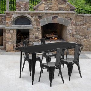 Flash Furniture Commercial Grade 31.5″ x 63″ Rectangular Silver Metal Indoor-Outdoor Table Set with 4 Stack Chairs(Black)
